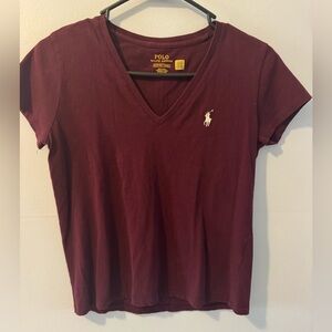 Polo by Ralph Lauren Women's V-Neck Tee in Wine with White Pony